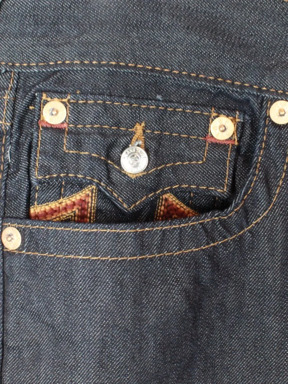 NWT True Religion Straight Leg Flap Jeans Sunset Logo Orange Red Stitch Size 33